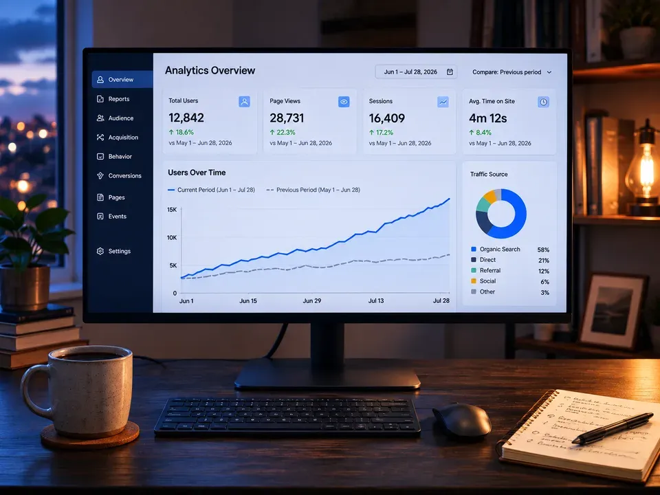 Analytics dashboard on a wide monitor showing one rising line and one flat line in dim evening light