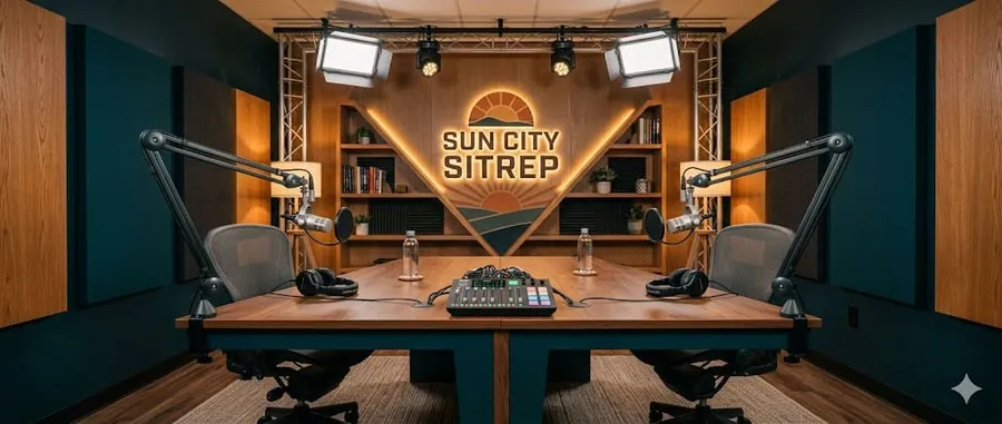 An empty podcast studio with two microphones, a mixer, and overhead lights