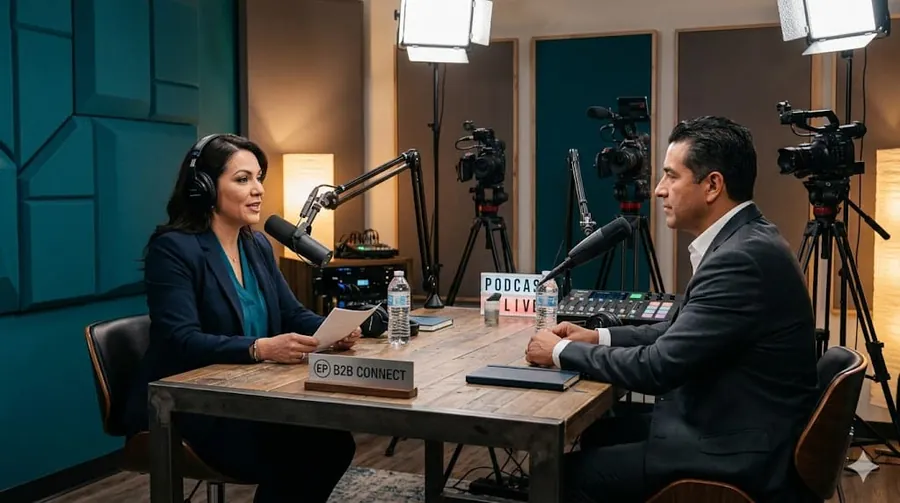 Two business people recording a podcast with cameras and studio lights around them
