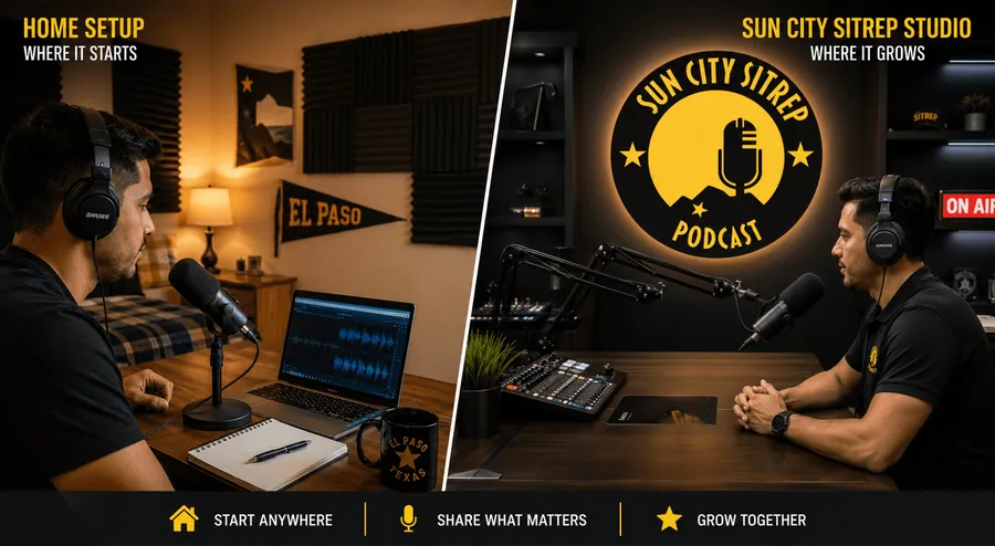 A home recording setup side by side with a professional podcast studio