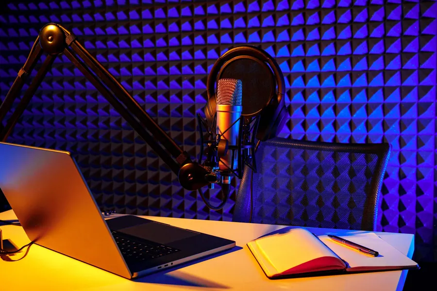 Podcast booth with a broadcast microphone and acoustic panels