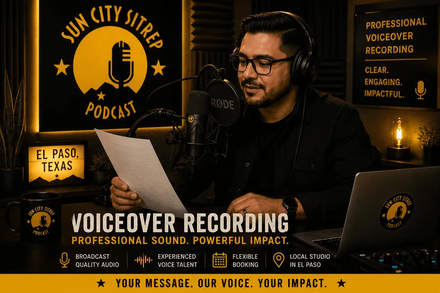 A voice artist reading a script into a studio microphone
