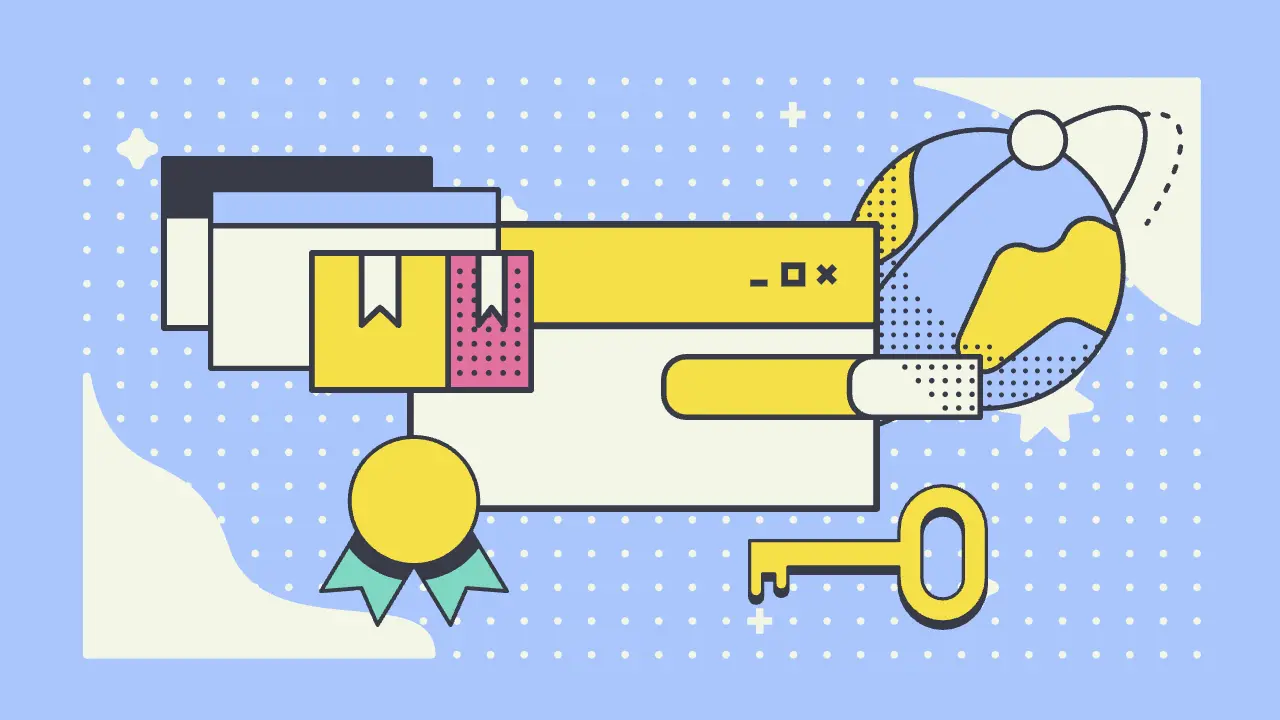 Illustration of browser windows with a security key and badge representing website maintenance and support