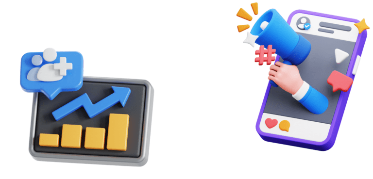 3D illustrations of social media growth chart and megaphone marketing on a phone