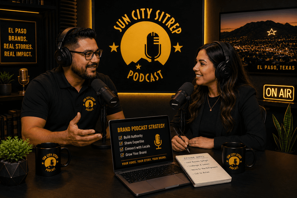 Business owner and guest recording a branded podcast in a black and gold El Paso studio with microphones and content notes