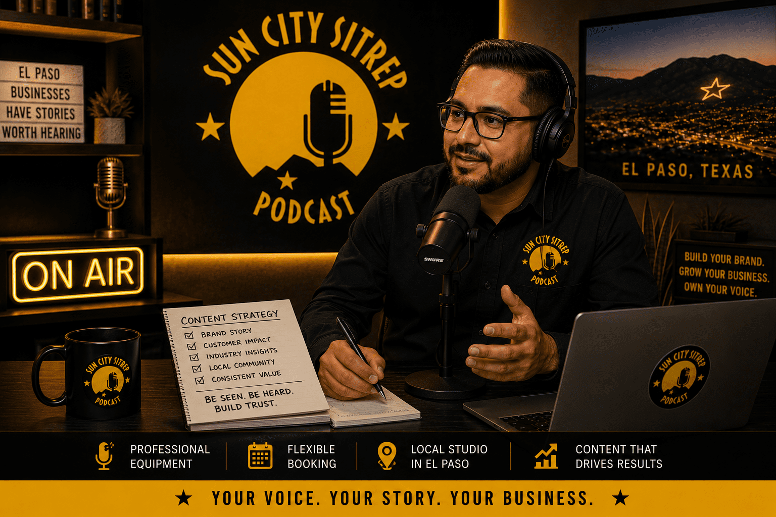 El Paso business owner recording a podcast in a black and gold studio while reviewing content strategy notes on a laptop