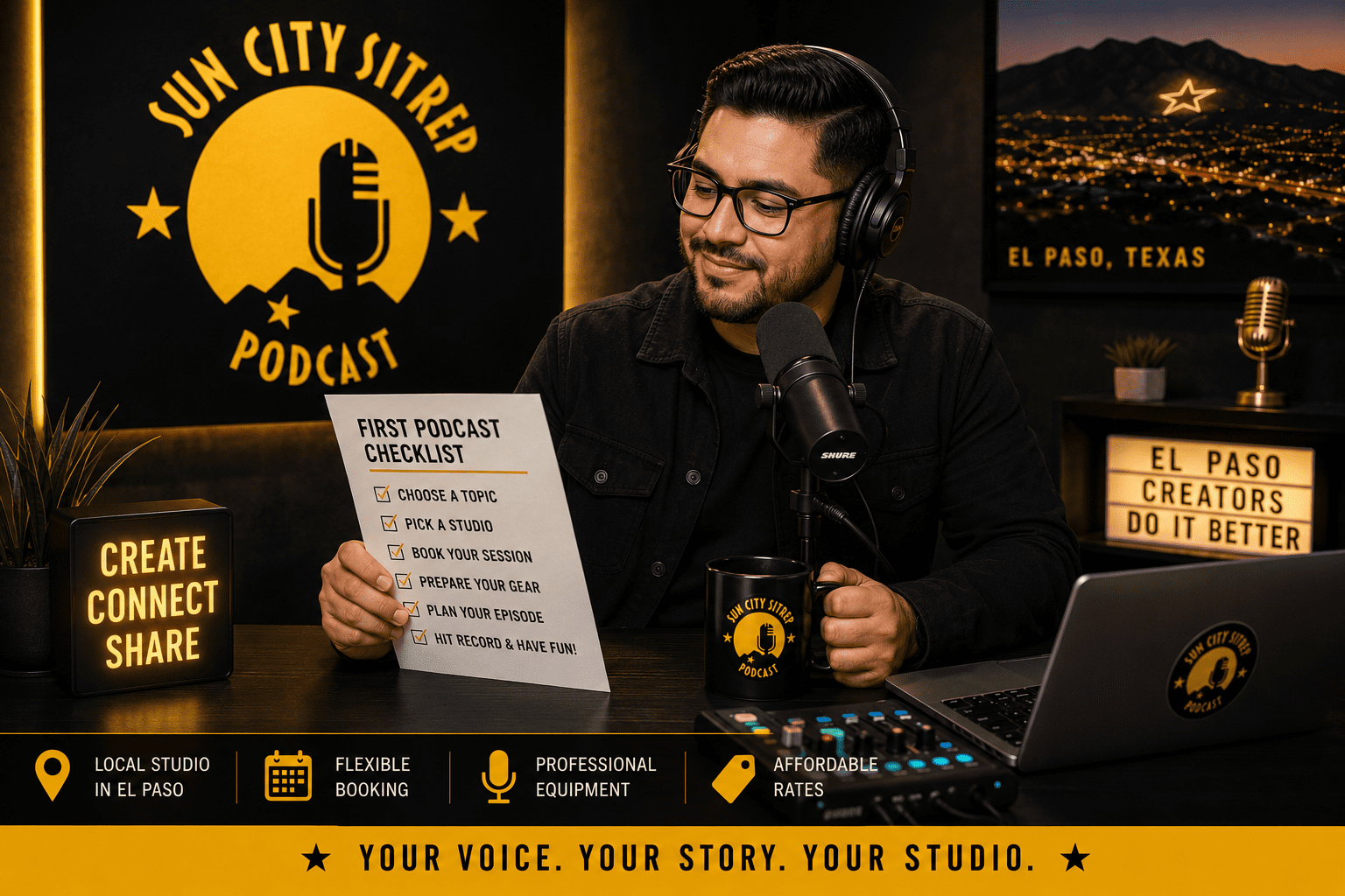 First-time host reviewing a podcast recording checklist in a black and gold El Paso studio with microphone and headphones