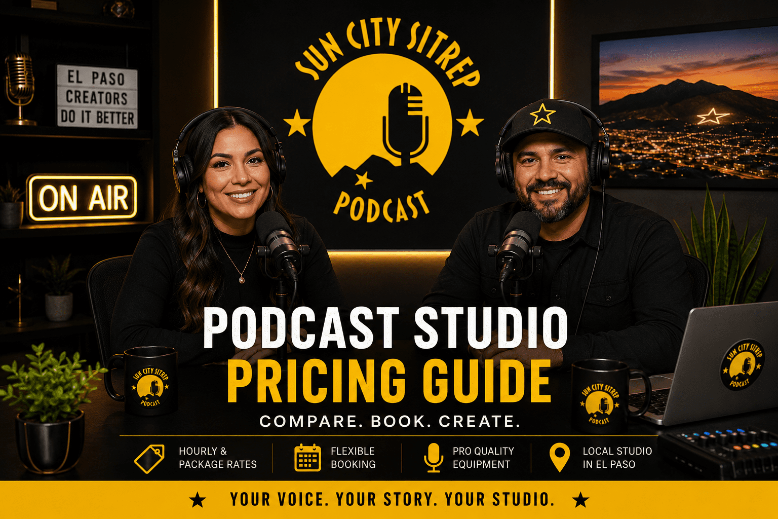 Two El Paso podcast hosts recording in a black and gold studio while comparing podcast studio rental cost options