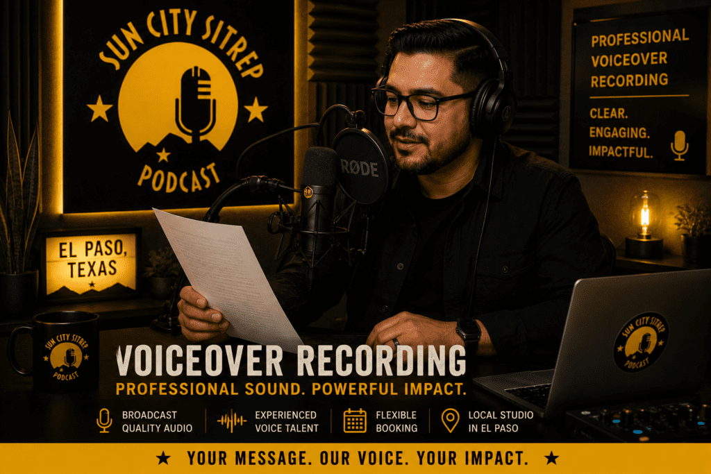 Voice talent recording a script in a black and gold El Paso voiceover studio with microphone, headphones, and laptop