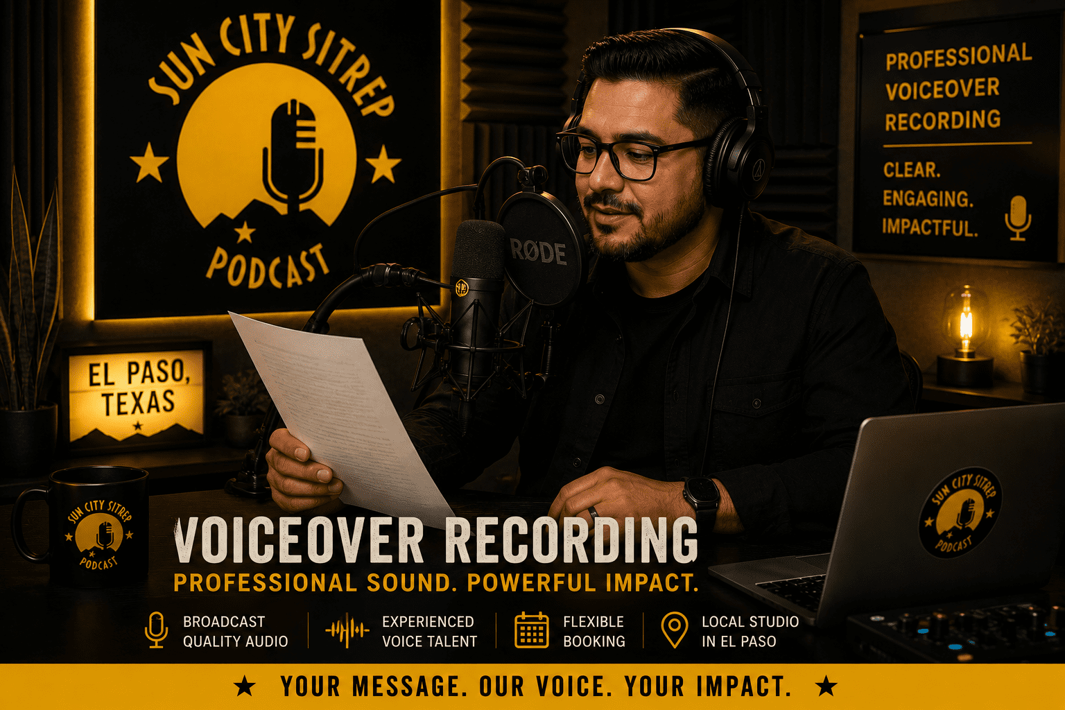 Voice talent recording a script in a black and gold El Paso voiceover studio with microphone, headphones, and laptop