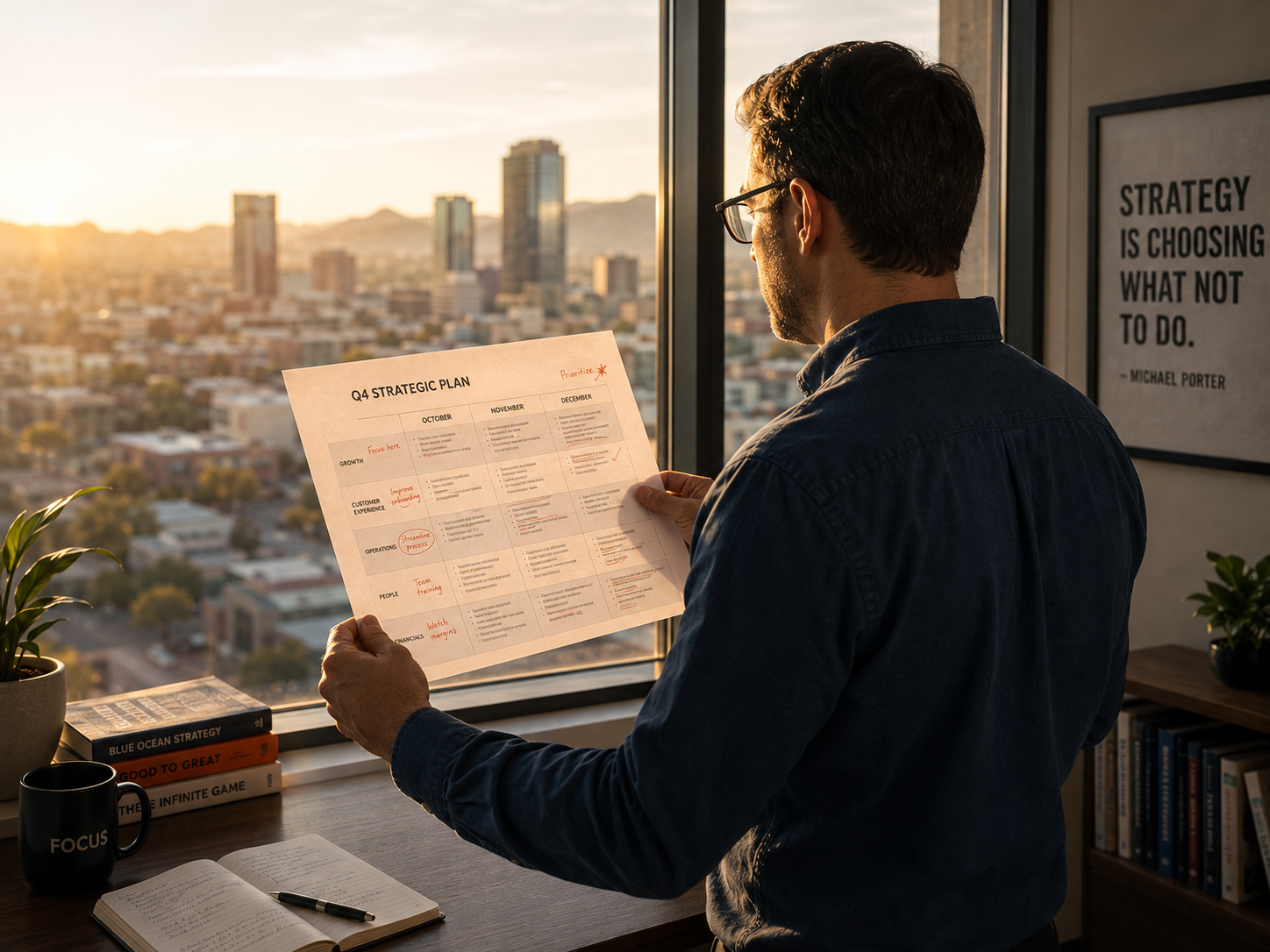 Strategist at a window holding a marked-up quarterly plan above a sunlit desert city skyline