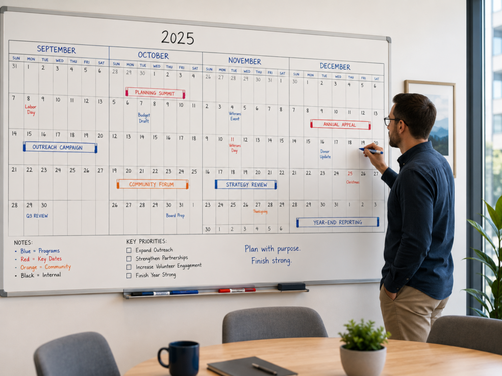 Wall planning calendar with the final months of the year marked in colored tape as a person adds a note