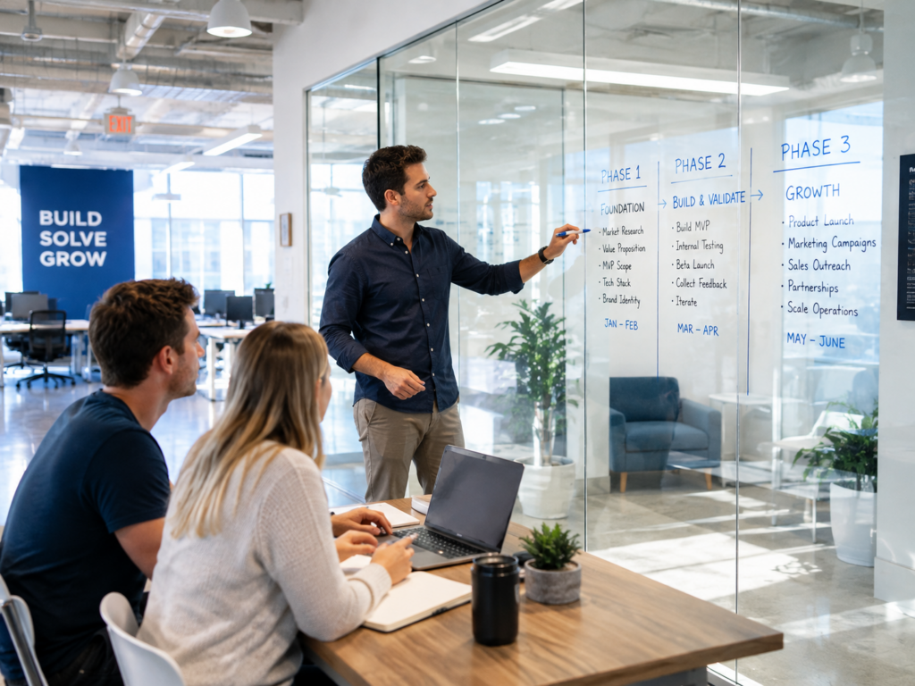 Founder marking a three-phase timeline on a glass wall while two teammates watch from a nearby table