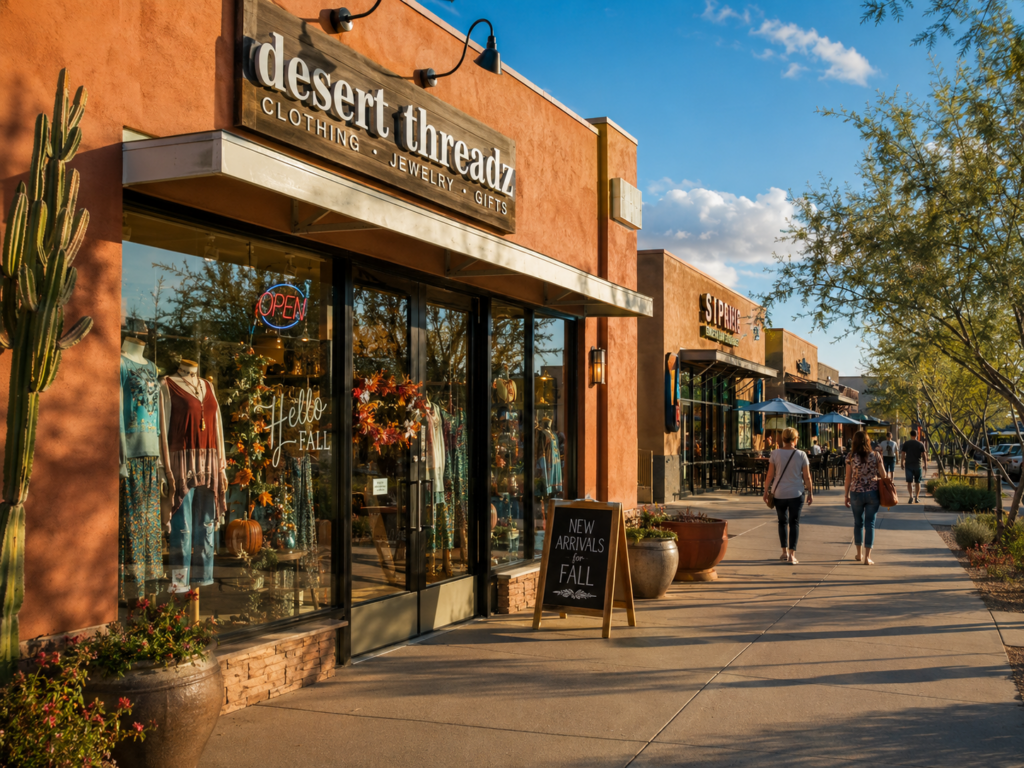 Sunlit southwestern storefront with a seasonal window display and open sign in late afternoon desert light
