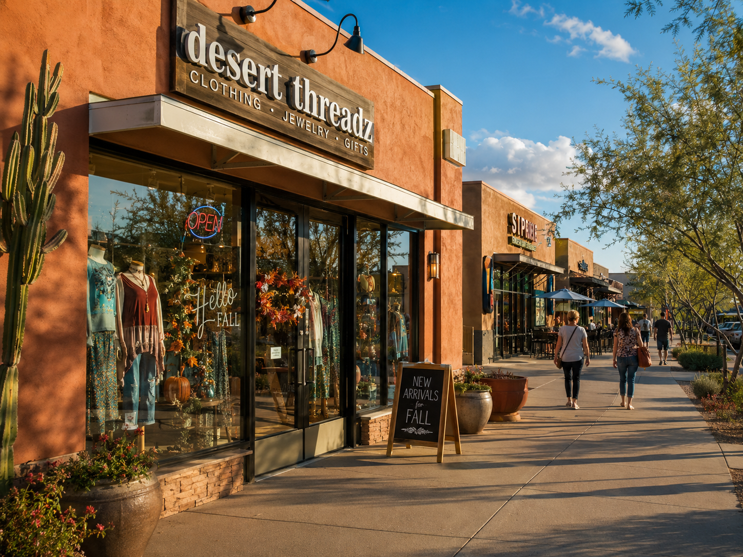 Sunlit southwestern storefront with a seasonal window display and open sign in late afternoon desert light