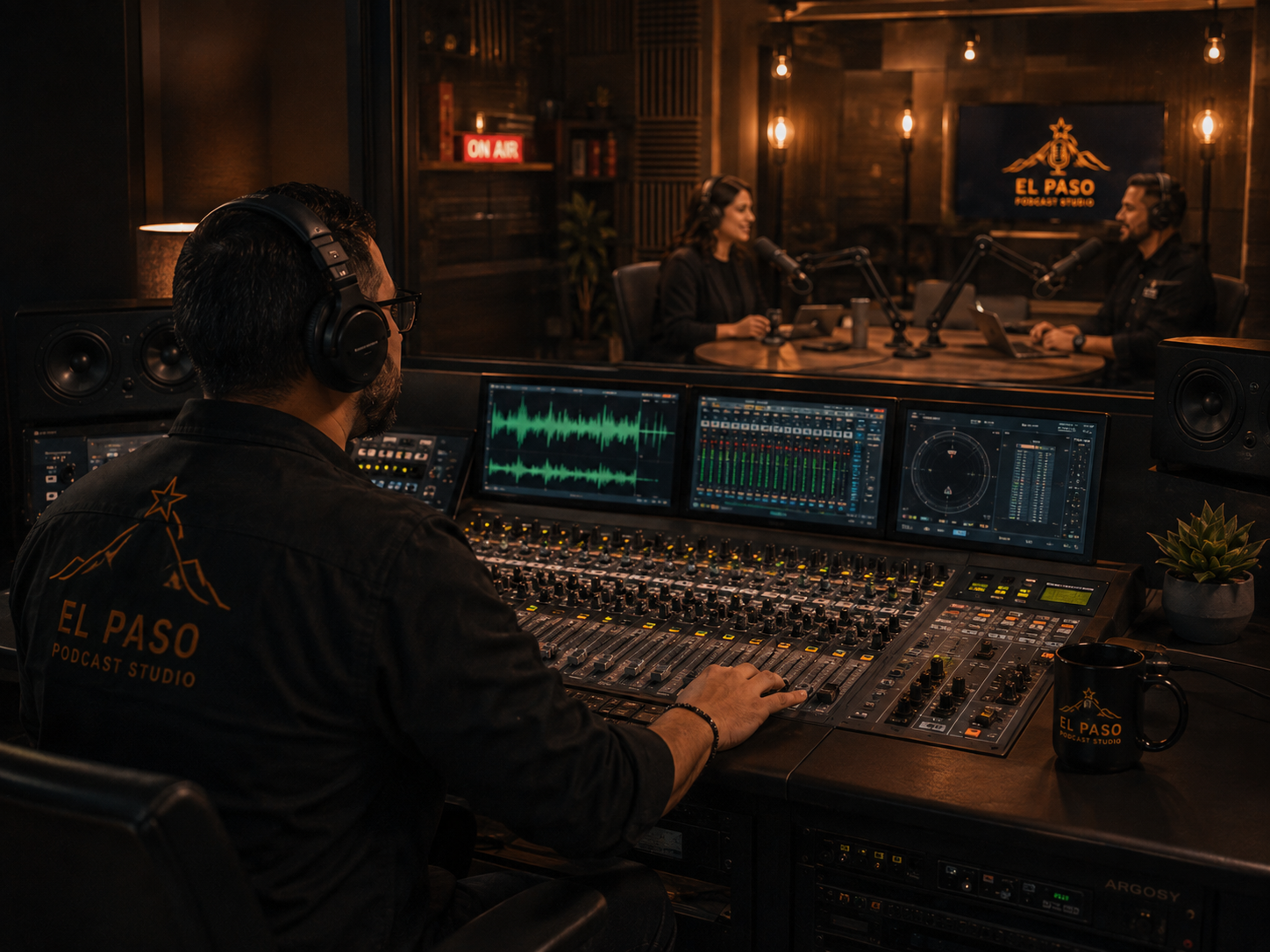Studio engineer at a mixing console with a lit podcast set visible through the control room glass