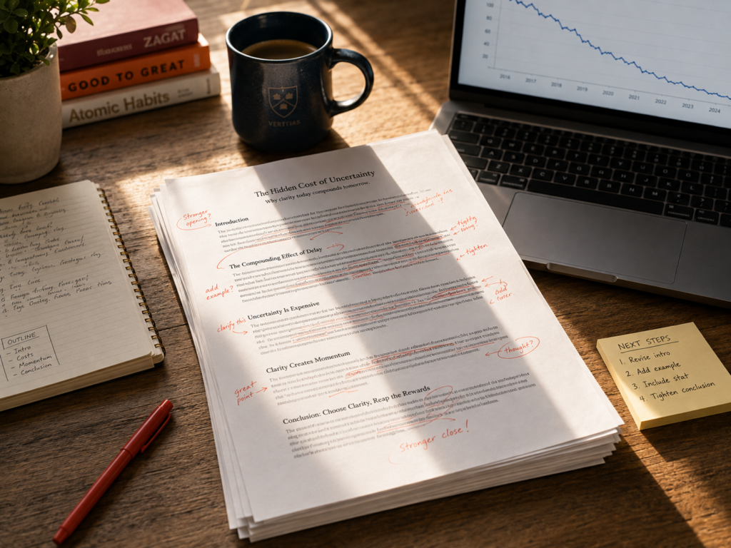 Printed article covered in handwritten edits beside a laptop showing a declining traffic graph
