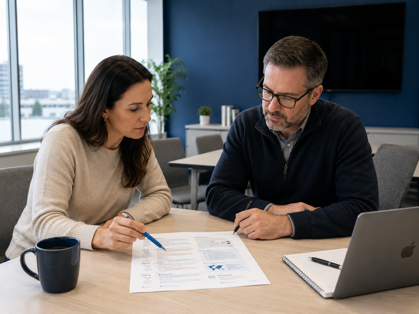 Marketer and reviewer examining a marked-up printed document across a light conference table