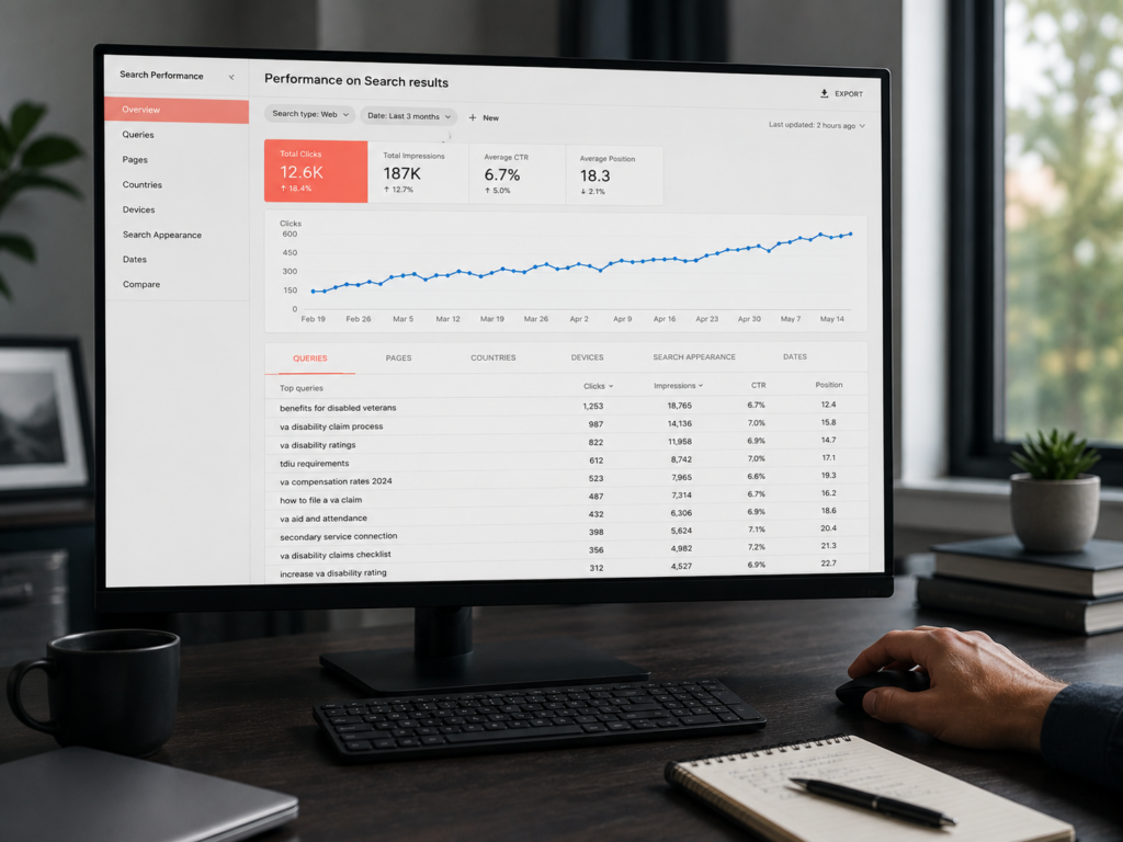 Search performance report on a wide monitor with a query table and trend line beside a notepad