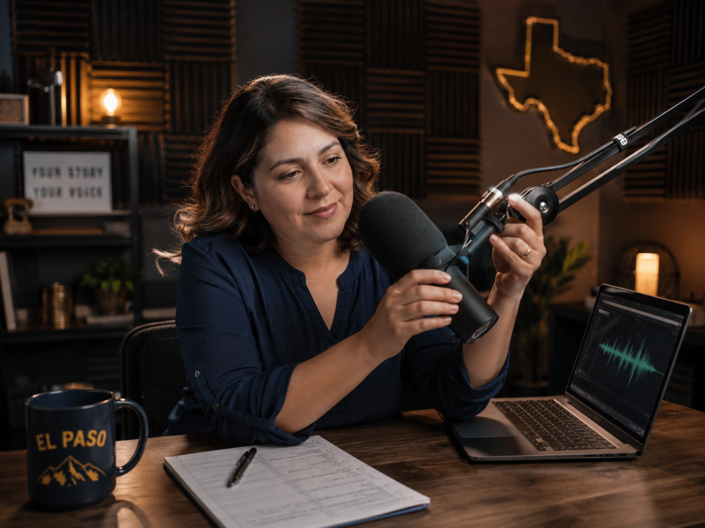 First-time podcaster adjusting a boom-arm microphone at a sound-treated El Paso studio desk beside a glowing laptop