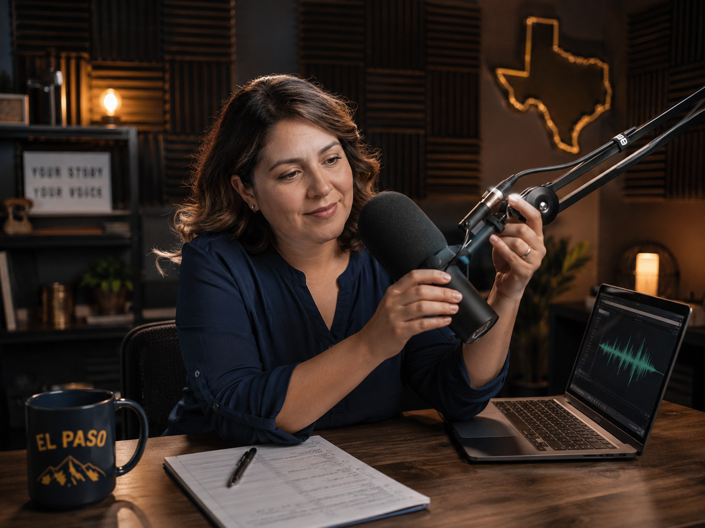 First-time podcaster adjusting a boom-arm microphone at a sound-treated El Paso studio desk beside a glowing laptop