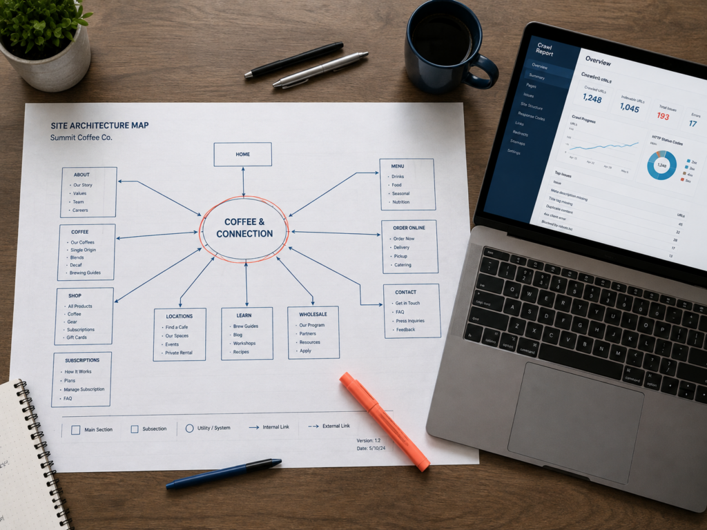 Printed site architecture map with a circled central hub and radiating lines beside a laptop crawl report