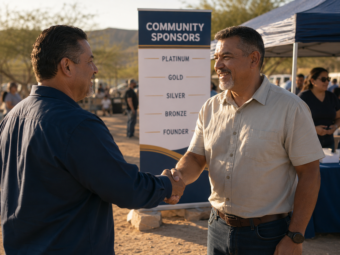 Two El Paso business owners shaking hands at an outdoor community event under sponsor banners