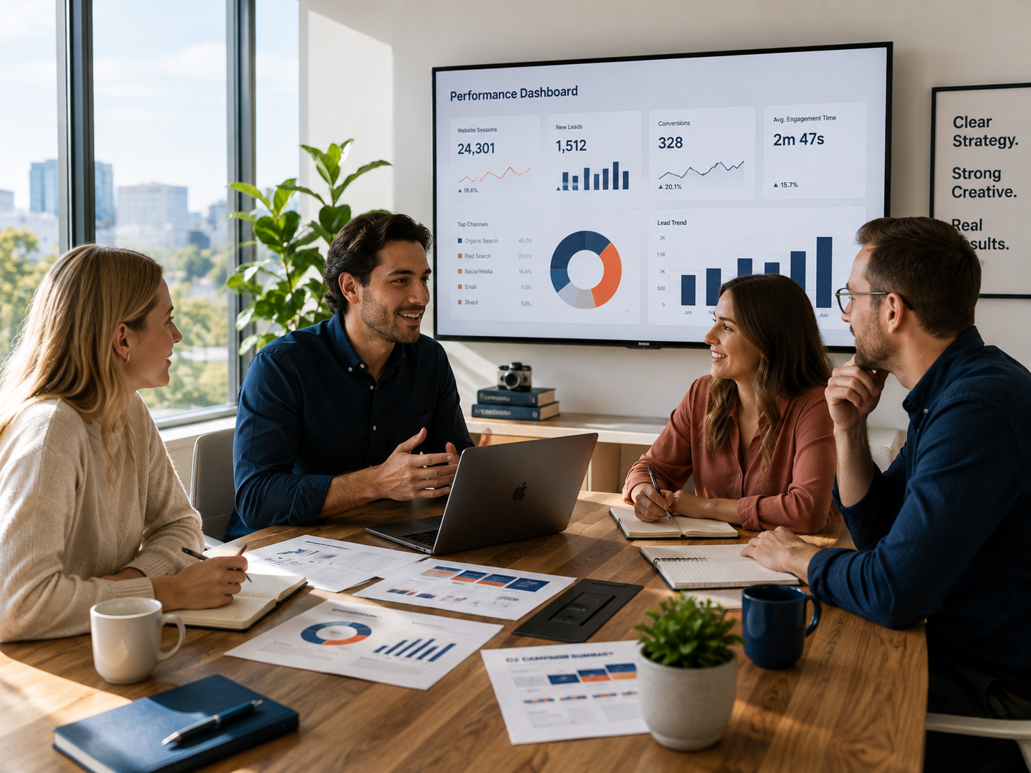 Marketing team around a table with printed reports and a performance dashboard on the screen behind