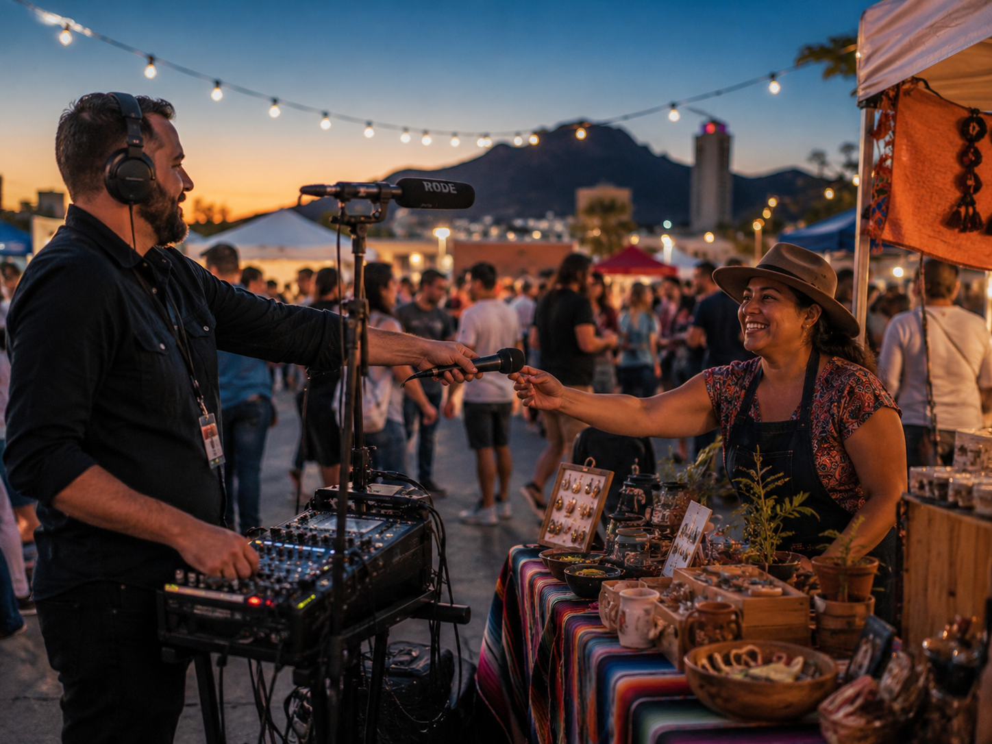 Mobile recording rig with a shotgun microphone and portable mixer at an outdoor El Paso event booth in golden-hour light
