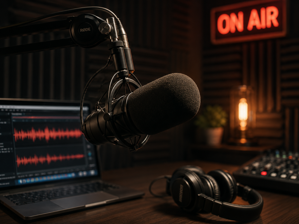 Broadcast microphone on a boom arm above a treated desk with headphones and an audio waveform on screen