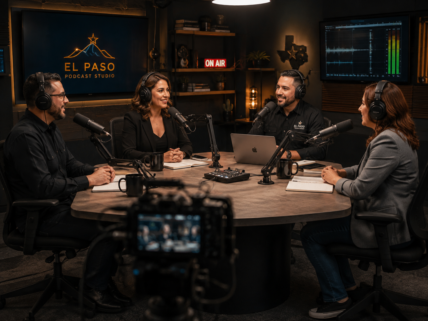 Four professionals at microphones around a studio table with a cinema camera framing the group