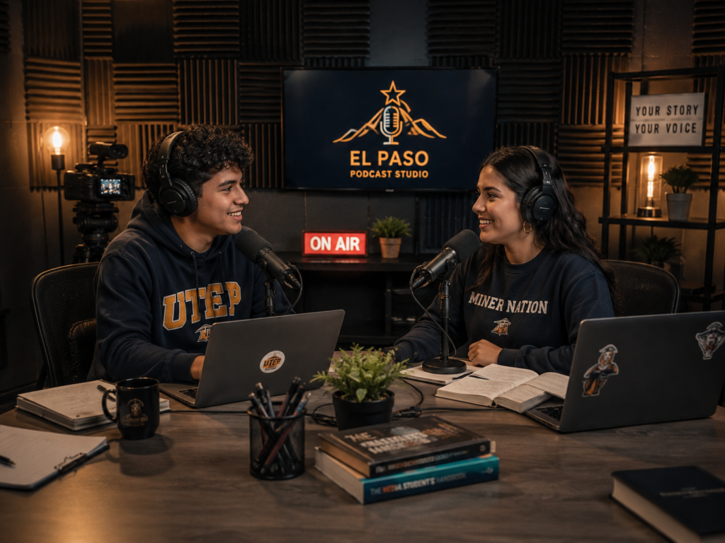 Two college students leaning toward shared microphones in a warmly lit sound-treated studio near UTEP