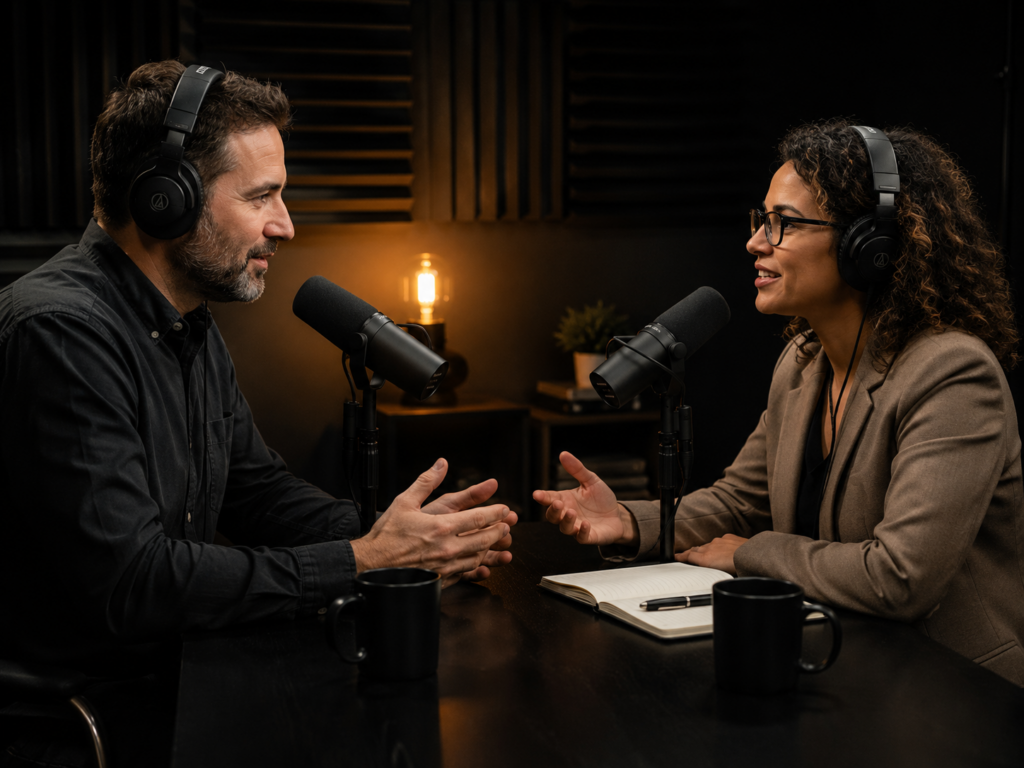 Two people recording across a dark studio table with microphones between them and headphones on