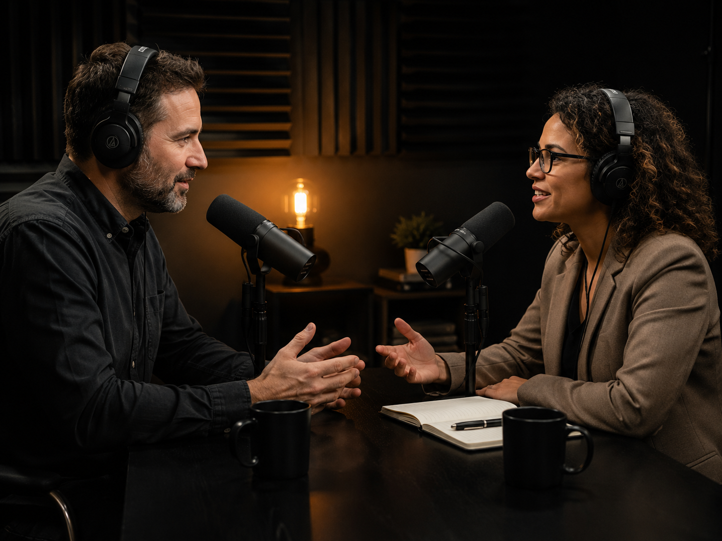 Two people recording across a dark studio table with microphones between them and headphones on