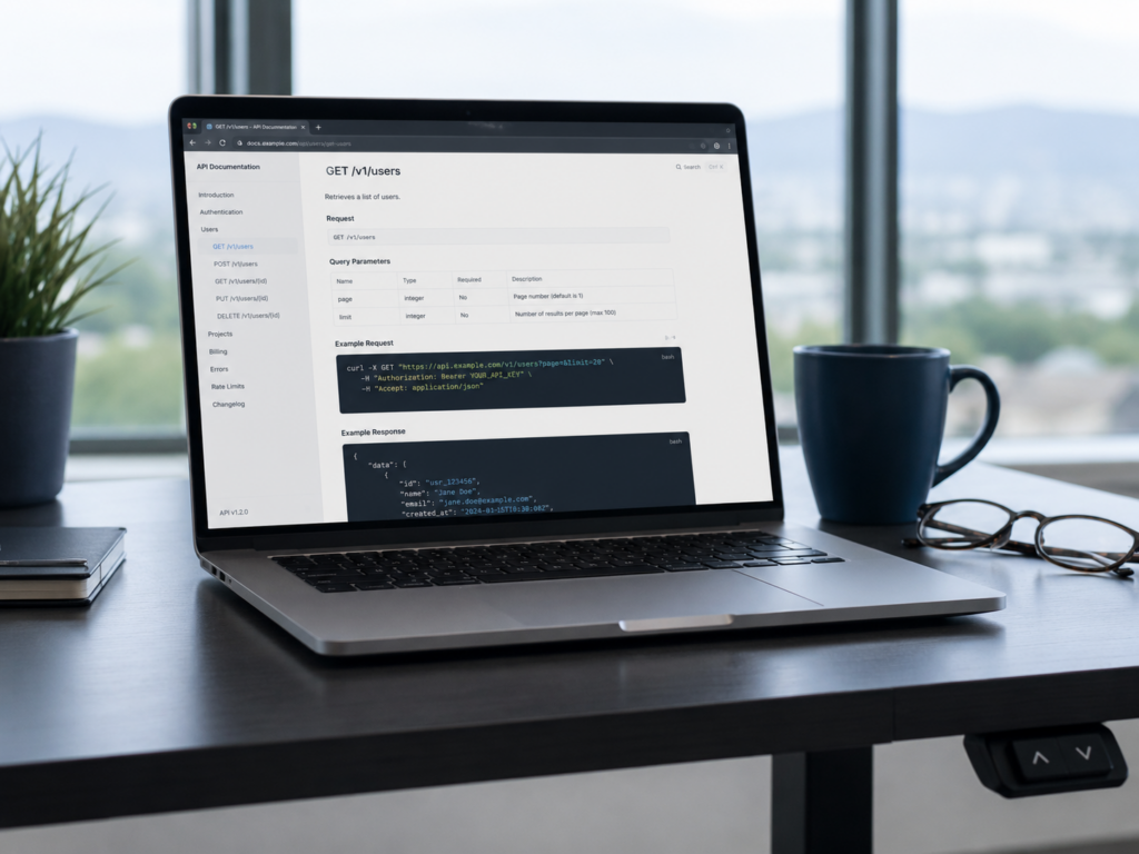 Laptop on a standing desk showing a technical documentation page with a visible code block