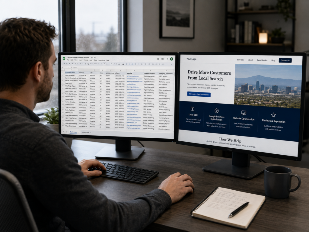 Developer at a dual-monitor workstation comparing a data spreadsheet against a web page template