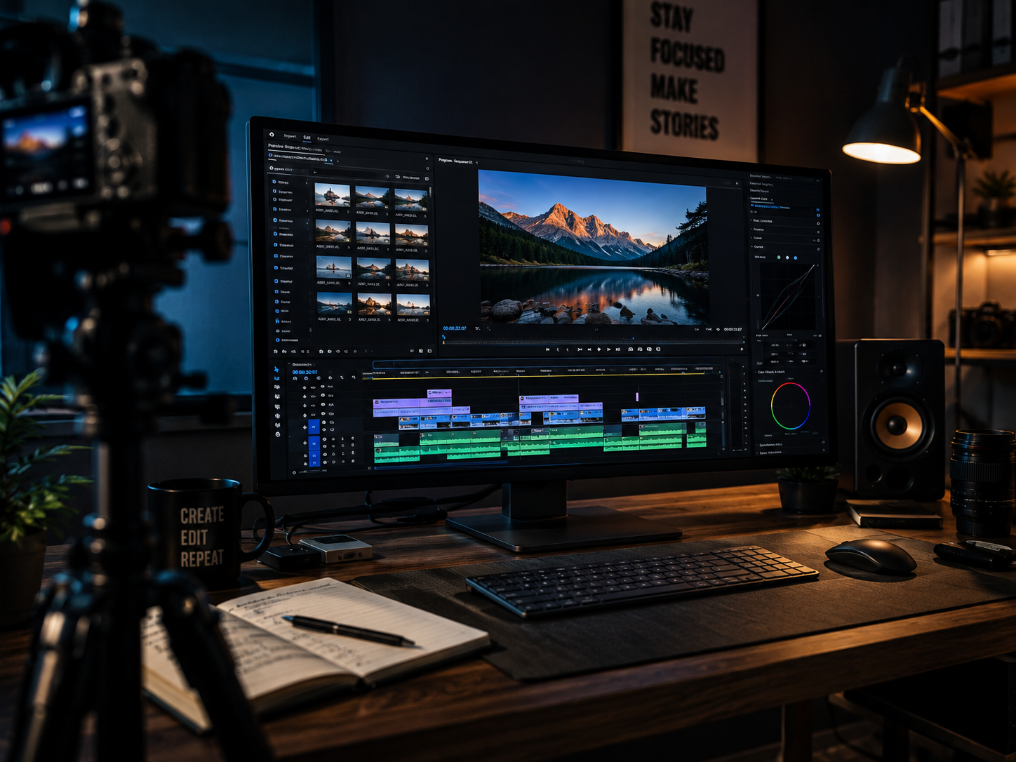 Video editing workstation with a colorful timeline on a wide monitor and a tripod camera at frame left