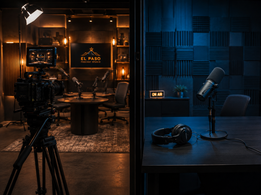 Cinema camera facing a lit podcast set on one side and a bare microphone on a dark desk on the other
