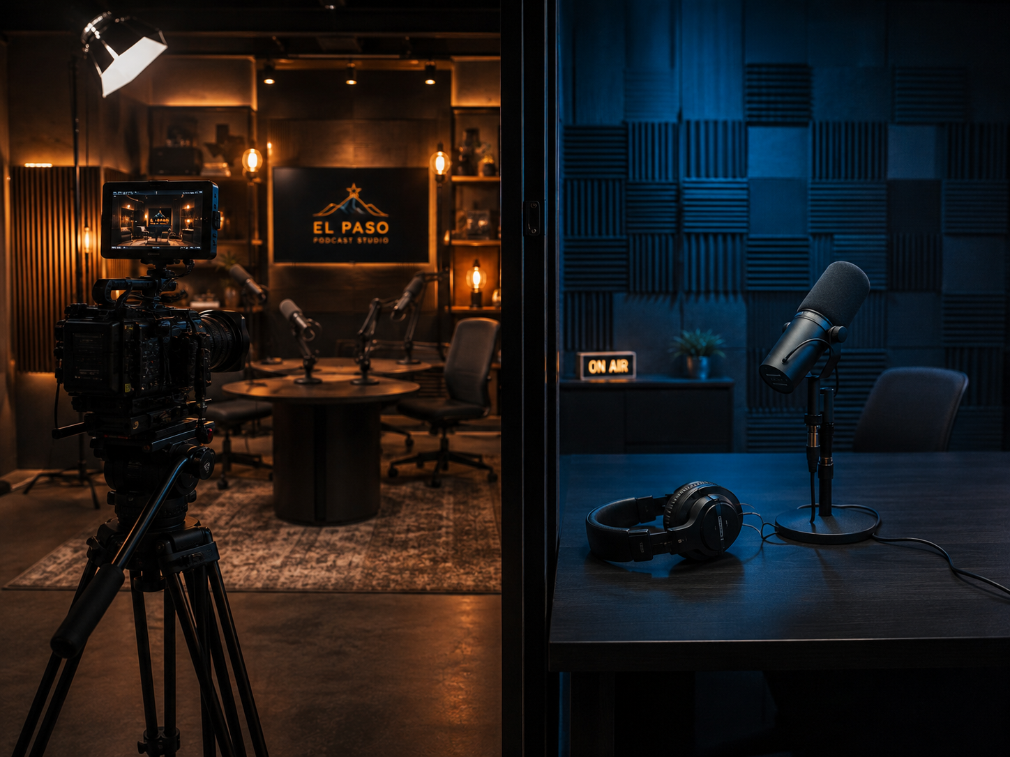 Cinema camera facing a lit podcast set on one side and a bare microphone on a dark desk on the other
