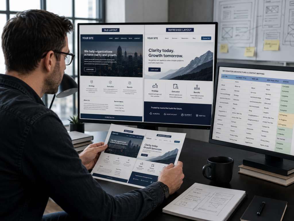 Designer comparing a printed older web layout against a refreshed layout on a large monitor