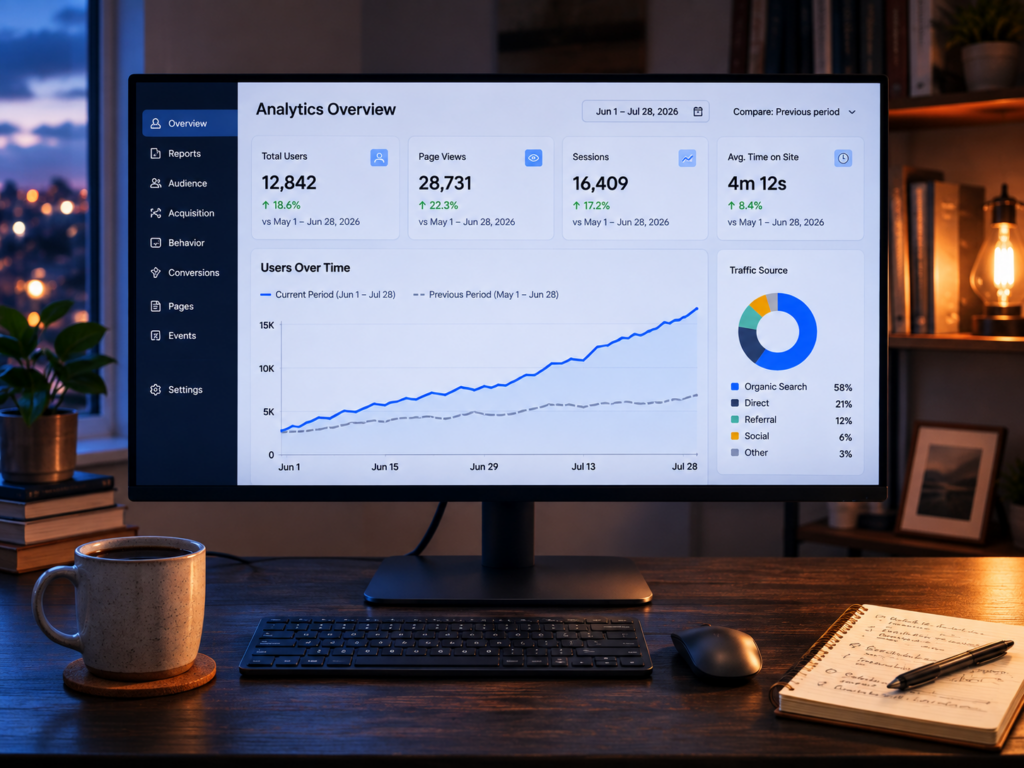 Analytics dashboard on a wide monitor showing one rising line and one flat line in dim evening light
