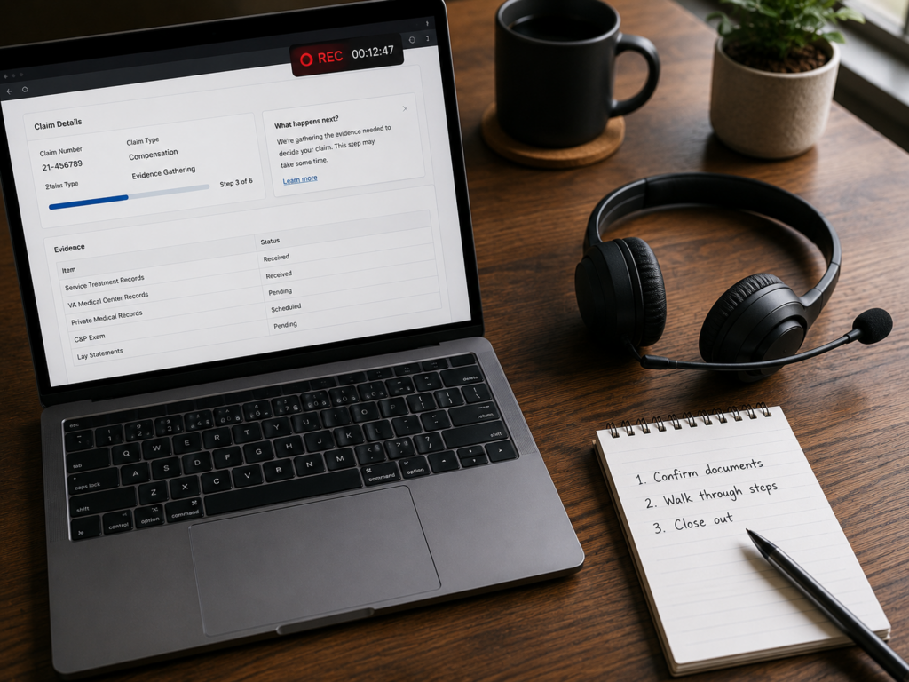 Desk with a headset beside a laptop showing a screen recording indicator and a notepad listing three items