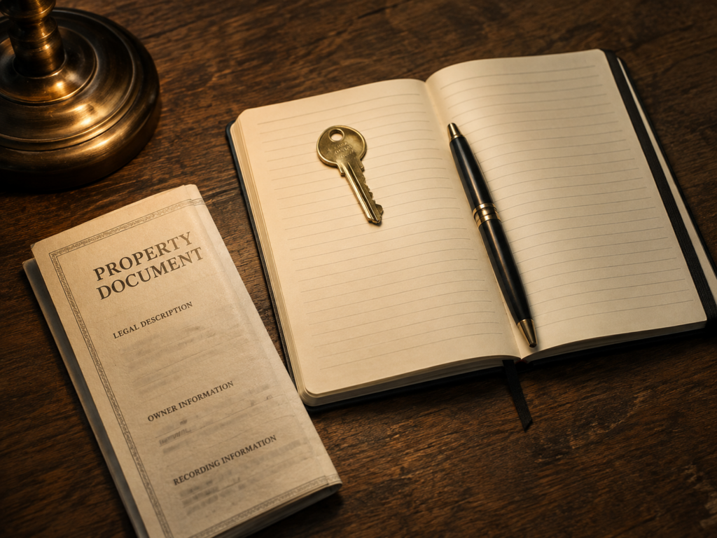 Single key on an open notebook beside a folded property document on a walnut desk