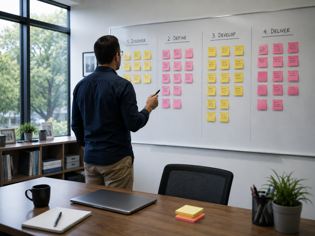 Person standing back from a whiteboard covered in sticky notes arranged in four labelled columns