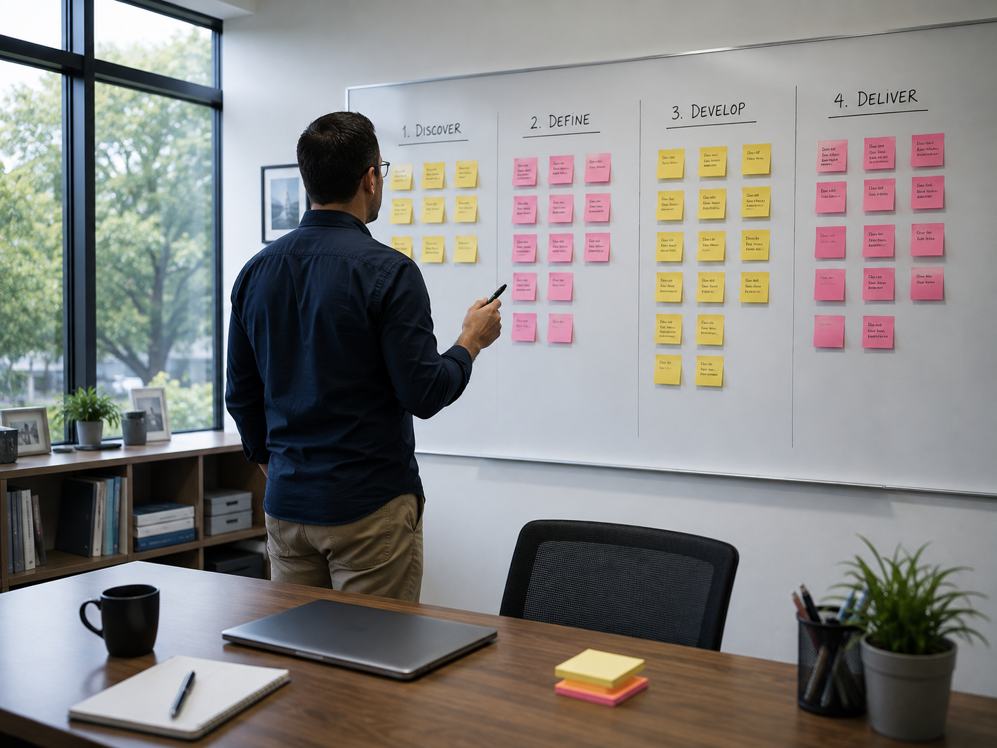 Person standing back from a whiteboard covered in sticky notes arranged in four labelled columns