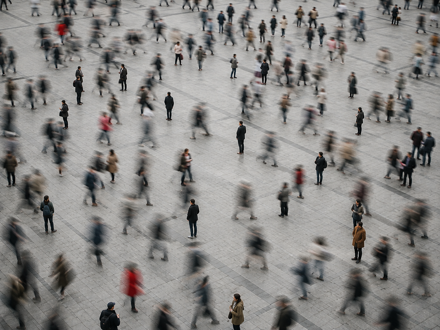 Dense crowd crossing a wide plaza photographed from above with some figures blurred by motion