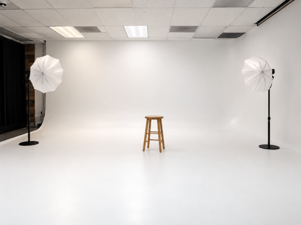 Large white cyclorama wall curving into the studio floor with lighting stands and a single wooden stool
