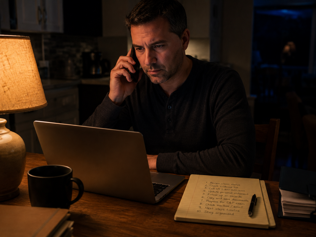 Person working late at a kitchen table with a laptop and phone beside a notepad of numbered items