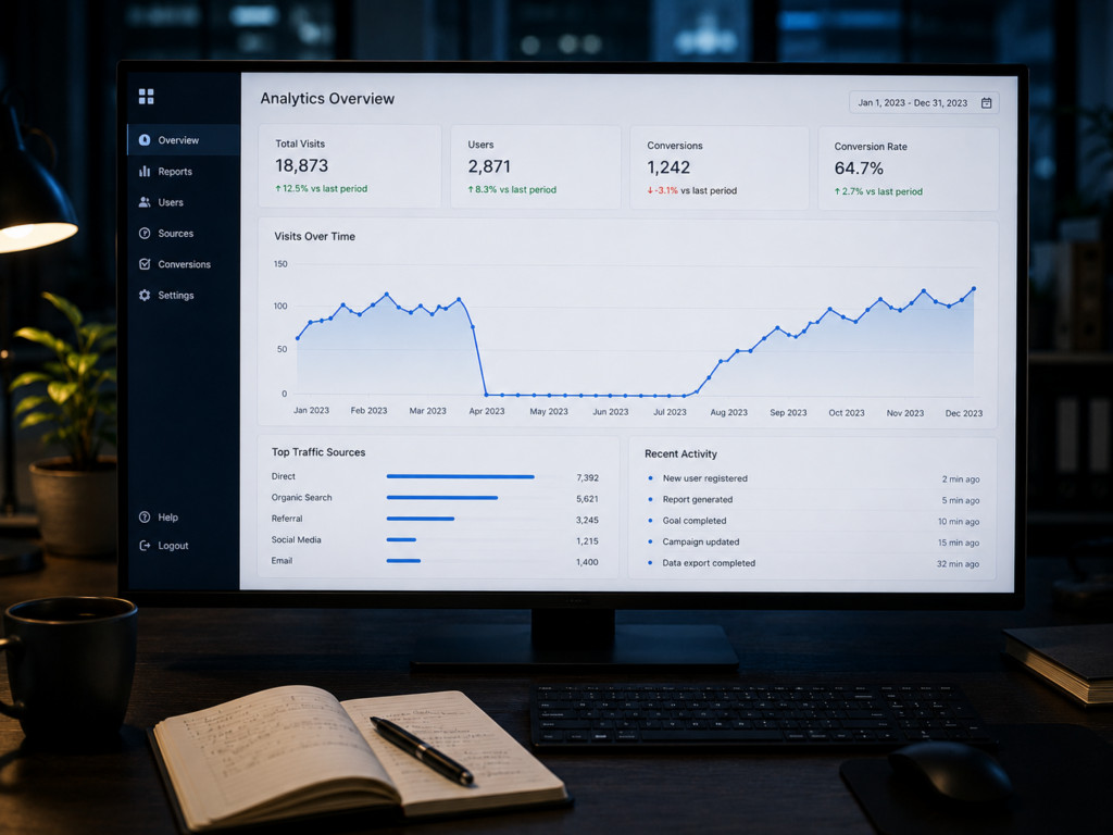 Wide monitor showing an analytics dashboard where one chart has a flat gap in the timeline