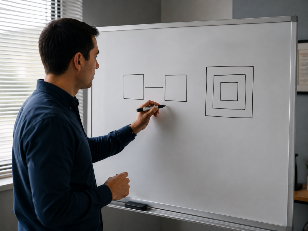 Person at a whiteboard drawing two connected boxes beside a cluster of nested boxes